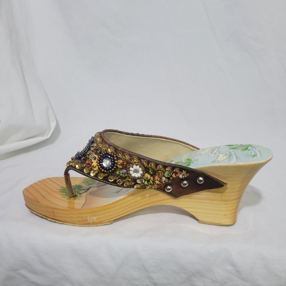 Vintage Y2K Bamboo Wooden Wedge Sandals Boho Sequin Painted Size 7 - Picture 3 of 13